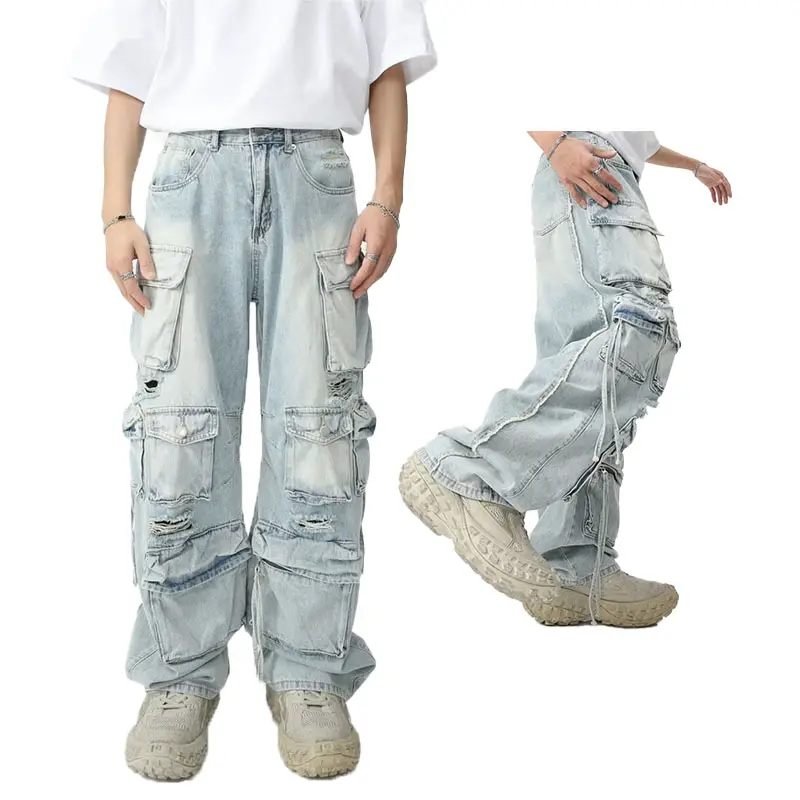 Hoge Kwaliteit Op Maat Streetwear Vintage Heren Wash Vernietigde Cargo Wijde Spijkerbroek Baggy Getailleerde Multi-Pocket Jeans