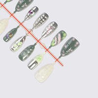 Deborah French Wearable ABS Press Nails Liquid Green-silver Magic Mirror Powder Almond Shape Medium Length Three-dimensional