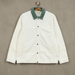 Men's White <b>Canvas</b> Shirt Jacket with Green Collar Button Closure Casual Winter Wear Hooded Logo Front - Product Image 2