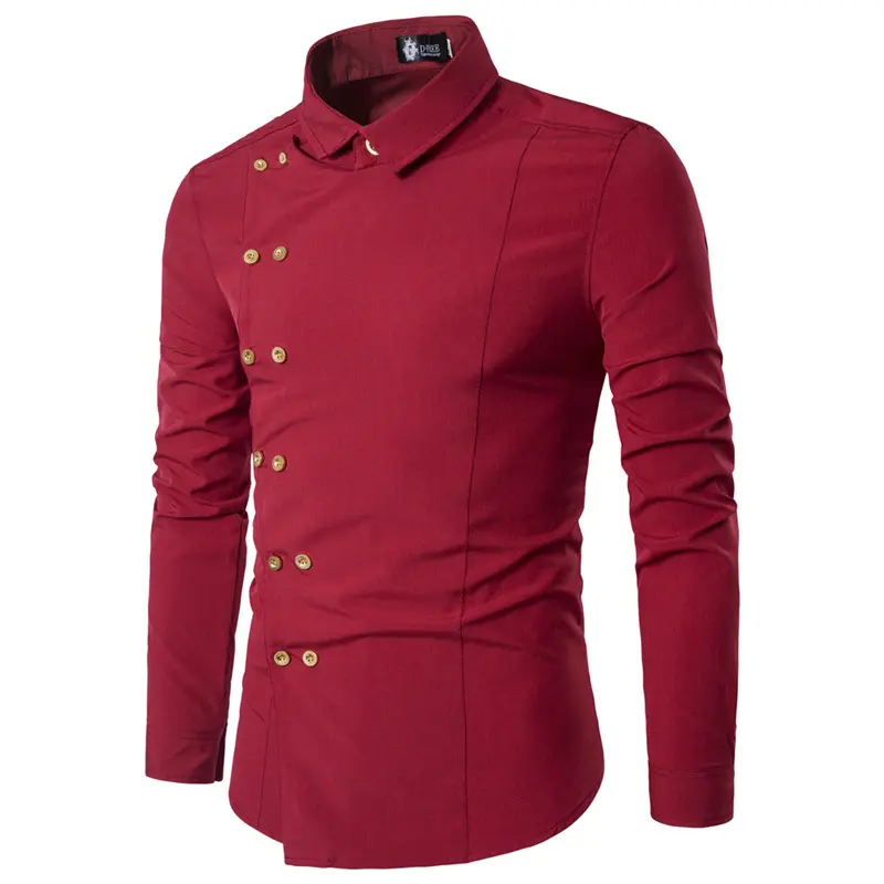 Men's diagonal placket double breasted fashion long sleeved casual shirt