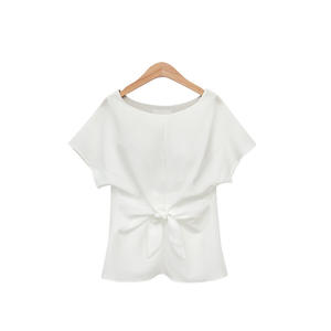 Camicette Estive da <span class=keywords><strong>Donna</strong></span> a Maniche Corte <span class=keywords><strong>con</strong></span> Collo Tondo, Top da Ufficio <span class=keywords><strong>con</strong></span> Fiocco Decorativo, Camicie Blu - Product Image 4