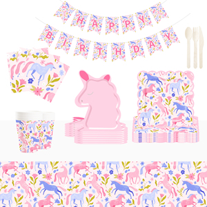 Décorations de fête d'anniversaire licorne rose DAMAI, ensemble de vaisselle sur le thème de la licorne, comprenant des assiettes et des gobelets en papier pour les fournitures de fête pour enfants - Product Image 1