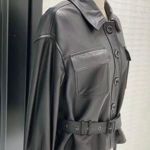 Veste en cuir véritable de <span class=keywords><strong>mouton</strong></span> avec ceinture ajustable, style streetwear, veste en cuir <span class=keywords><strong>noir</strong></span> pour femmes - Product Image 4