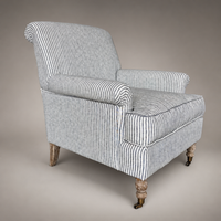 Fauteuil d'appoint en lin rayé avec accoudoirs enroulés, pieds en chêne massif et roulettes en laiton antique pour salon et hôtel