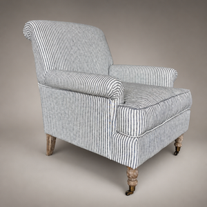 Sillón con Brazos Curvos, Tapizado en Lino a Rayas, con Patas de Roble Macizo y Ruedas de Latón <span class=keywords><strong>Antiguo</strong></span> para Sala de Estar u Hotel - Product Image 1