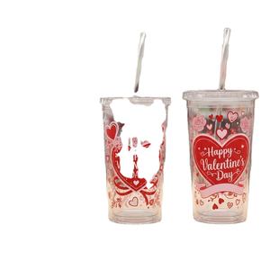 Bouteille d'eau promotionnelle réutilisable à double paroi avec logo personnalisé et insert, 12oz, 16oz, 22oz, en plastique transparent pour jus et glace, avec paille et couvercle - Product Image 3