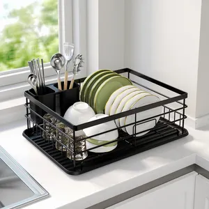 Kitchen Tabletop Storage Dish Plate Bowl Drying Drainer Rack Holder with Drain Tray