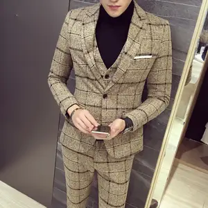 Pant Coat Design 2024 New Style Korean Suit For Men Plaid Pour Hommes Fato Social Costume Vestes 3 Pieces Trajes Novio