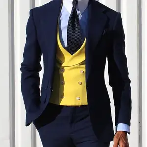 HD167 nuevos trajes de hombre <span class=keywords><strong>azul</strong></span> <span class=keywords><strong>marino</strong></span> amarillo Chaleco de doble botonadura Slim Fit Formal de negocios Blazer novio trajes de boda para hombres 3 piezas - Product Image 1
