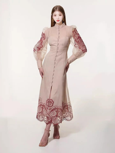 2025f/W Xu Hướng Hàng Đầu Của Phụ Nữ Sang Trọng Thiết Kế Cổ Điển Thêu Lưới Hollow Hoa Cao Cổ Áo Bong Bóng Dài Tay Áo A-Line Chiều Dài Ăn Mặc - Product Image 4