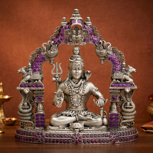 Arquitectónicamente Tallado Arcángel Shiva de Plata Pura en Pose Meditativa, Ídolo Religioso Púrpura Vibrante para Decoración de Templo y Hogar - Product Image 2