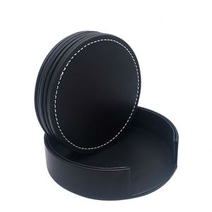 Thick PU Leather Black Leather <b>Coasters</b> <b>Coasters</b> Set of 6 with Holder 10cm Round <b>Coasters</b> for <b>Drinks</b> - Product Image 1