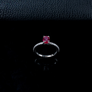 925 Sterling Silver Solitaire <b>Ring</b>, Oval Cut Lab Created Ruby with <b>CZ</b> Pave Band - Product Image 2