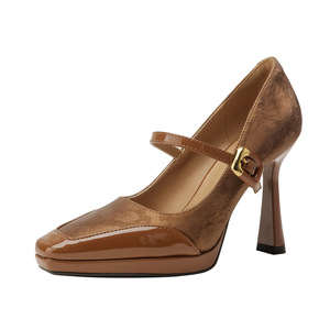 Zapatos de Tacón Alto con Correa de Hebilla y Punta Puntiaguda en Charol Marrón para Mujer, Zapatos de Tacón Alto para Todas las Temporadas - Product Image 1
