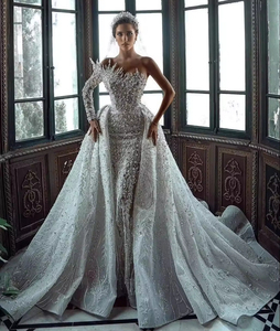 2025 vestido <span class=keywords><strong>de</strong></span> novia con cuentas desmontable <span class=keywords><strong>Civil</strong></span> sirena/trompeta estilo volantes bordado capilla encaje plisado lavado a mano/limpieza en seco/hierro - Product Image 1