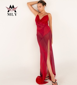 Abito da donna in raso con scollo a immersione increspato da spiaggia con taglio alto rosso Boho Slim Fit gonna lunga alla mezza - Product Image 5
