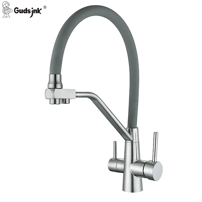 Gudsink Chrome Kitchen Sink filtro dell'acqua rubinetto montaggio sul ponte 3 rubinetto a tre vie estraibile rubinetto da cucina Spray a molla