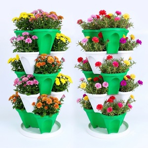 Tour de jardinage verticale empilable à 5 niveaux en plastique PP, 10 pots, couleur vert et blanc, avec plateau de base pour fraises et herbes aromatiques - Vente en gros - Product Image 1