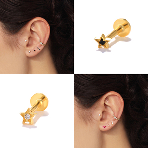 ต่างหูเงินแท้ S925 รูปดาวห้าแฉกประดับเพชรซิร์คอน แบบเกลียว 16G หัวแบน - Product Image 4