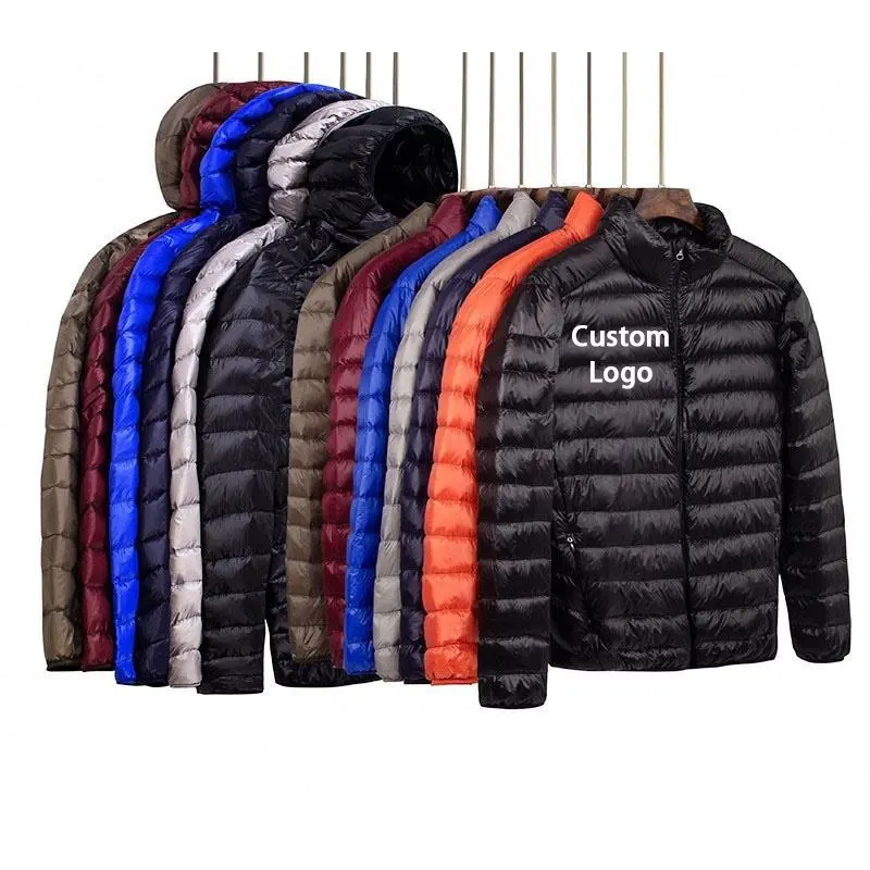 Chaquetas con capucha para hombre, Logo personalizado, plumas de pato cálidas, ligeras, de nailon, negras, relleno de burbujas, para invierno, venta al por mayor