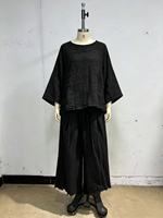 Setelan Linen Wanita Grosir 2 Potong Gaya Boho Atasan Tunik Oversize Celana Kaki Lebar Setelan Serasi Pakaian Linen Kuning Mustard Kasual Musim Panas