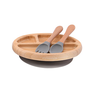 Vente en gros d'usine de vaisselle en fibre de bambou pour bébé manche en bois fourchette cuillère en silicone ensemble de plaques d'aspiration pour enfants - Product Image 4