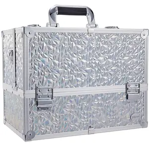 Makeup Train Case Large 6 Tray Professional Organizer Box- Cosmetic Make Up Carrier with Lock & Stylist Silver