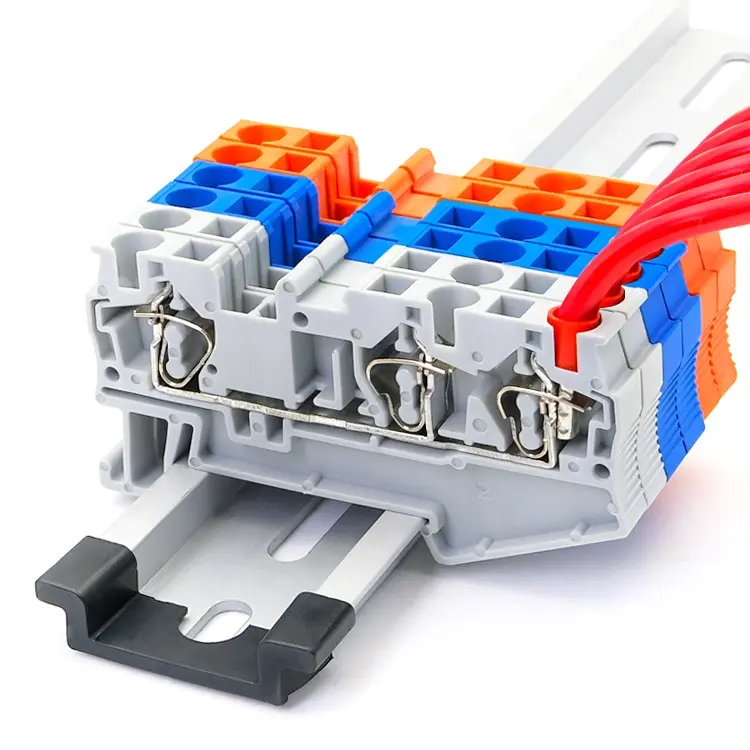 Стальной 4-двойной 24-10AWG 800 В 41A Grey 3 многоступенчатые проводники, пружинный разъем Din-рейка, клеммный блок