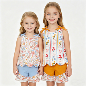 เสื้อกล้ามลายดอกไม้สำหรับเด็กผู้หญิงพร้อมกางเกงขาสั้นระบายขอบหยัก ชุดเซ็ตคุณภาพสูงสำหรับเด็กผู้หญิง มีสินค้าพร้อมส่ง - Product Image 1