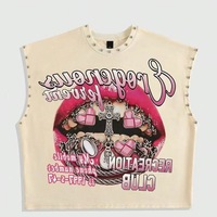 ZHEZHE Personnalisation Vêtements Femme Européens et Américains Gilet Décontracté Rétro Imprimé Lèvres avec Rivets Style Chic Sexy T-shirts Femme Col Rond
