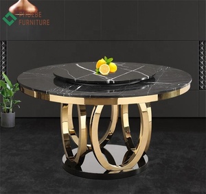 大理石の丸いダイニングテーブルセット豪華な6椅子コーヒーテーブル怠惰なスーザンと金脚 - Product Image 4