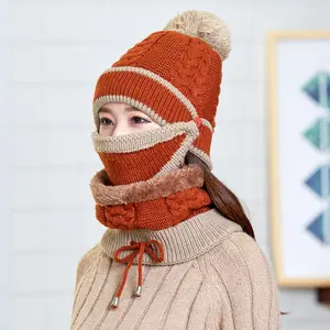 Kış bere kış şapka ve eşarp maskesi seti kadınlar için kalın sıcak hımbıl örgü polar astarlı kış kafatası kap ağız maskesi 3 adet