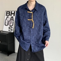 Chemise décontractée pour homme à manches longues, style Tang, avec boutons grenouille, en jacquard texturé, coupe ample, tendance, pour le quotidien