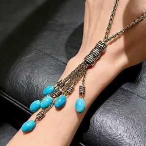 Collier à pampilles goutte d'eau turquoise, plaqué argent antique, chaîne de pull pour femme, bijoux de fête - Product Image 5