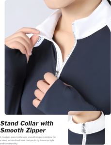 Camisa de Equitación para Mujer, Estilo Ecuestre, Hombros con Costuras, Manga Larga, Orificios para Pulgares, Bloques de Color, Cuello Alto, Spandex, Nailon - Product Image 4