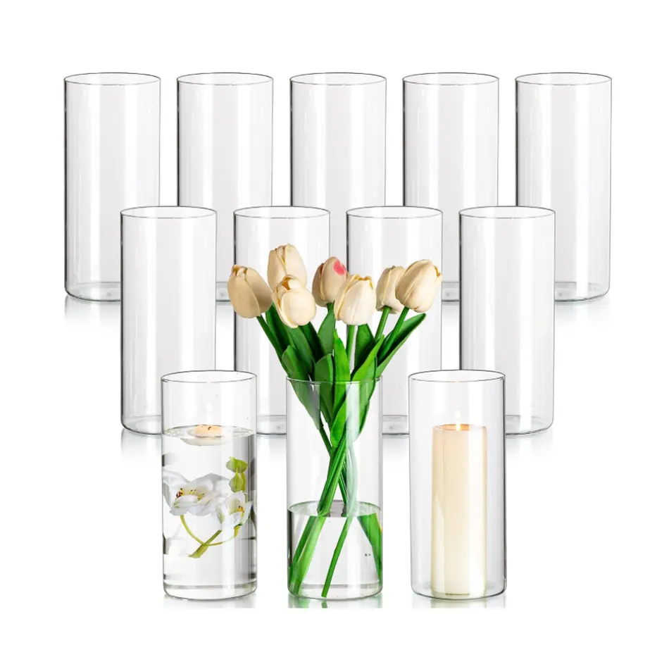 wholesale cheap wide mouth custom made clear mini tall nordic abstract cylinder flat elegant wedding display flower glass vases