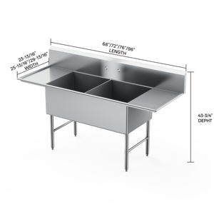 Fregadero Comercial de Acero Inoxidable de 2 Compartimentos con Acabado Pulido Resistente a la Corrosión 72L <span class=keywords><strong>X</strong></span> 23-13/16W <span class=keywords><strong>X</strong></span> 43-3/4H 9'H Protector Contra Salpicaduras 8\" - Product Image 5