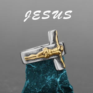 Anillo de moda para hombre Okp Brand, estilo hip hop europeo americano, diseño simple y personalizado, cruz de Jesús en oro con piedra natural, acero inoxidable. - Product Image 6