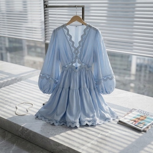 Abito Vintage con Maniche a Lanterna per Donne, Design Estivo Traforato all'Uncinetto con Scollo a V, Elegante e Raffinato, Linea A, Vestibilità Slim, in Poliestere - Product Image 3