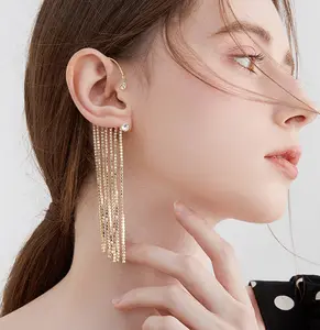 Elegant Non Piercing Earrings Women Jewelry Stainless Steel Ear Cuff Gold Sparking Diamond Tassel Inlay Craft Ear Cuff Earrings