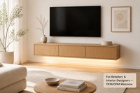 Console murale flottante personnalisée pour téléviseur, en chêne clair, avec porte cannelée et éclairage LED sous l'armoire, fabricant OEM de meubles Japandi