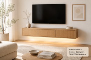 Console murale flottante personnalisée pour téléviseur, en chêne <span class=keywords><strong>clair</strong></span>, avec porte cannelée et éclairage LED sous l'armoire, fabricant OEM de meubles Japandi - Product Image 5