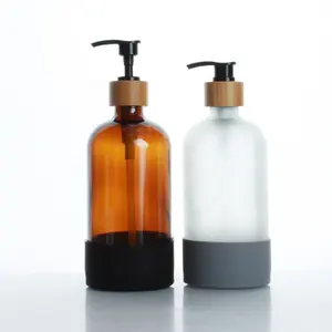 16oz dispenser sabun Losion populer botol kaca hitam putih dengan pompa bambu