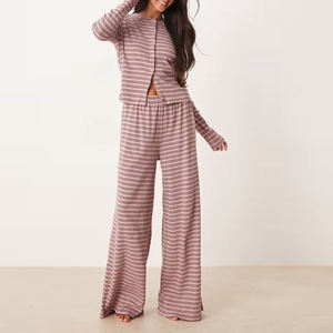 OEM Custom Cotton/Bamboo Fiber Women's Casual Embroidered Loungewear Button Shirt Pant <b>Set</b> Homewear Striped Sleepwear - Product Image 1