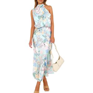 Robe longue d'été en satin à motif floral pour femme FOXA, col montant, sans manches, coupe fourreau, pour cocktail, respirante, taille naturelle - Product Image 1