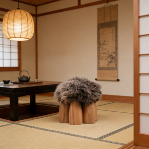 Modern Ottoman | Solid Wood Base Round Lamb Wool Fur Footstool <strong>Small</strong> Tufted <strong>Pouffe</strong> for Living Room Bedroom Showhome Home Decor - Product Image 4