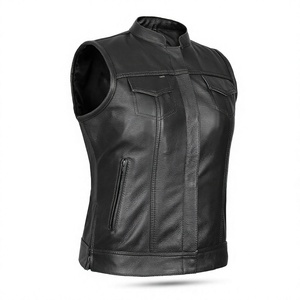 <b>Men's</b> Black Genuine <b>Leather</b> Windproof Casual Moto <b>Vest</b> Stand Collar Covered Button Closure Sleeveless Outerwear Winter - Product Image 1