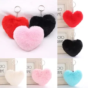 Số lượng lớn bán buôn dễ thương Fluffy Faux Thỏ lông Hồng Tim Puff bóng Keychain