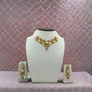 Traditional Gold Temple Choker Necklace <b>Set</b> with White <b>Beads</b> Pink Stones and Pearl Drop Earrings Bridal Jewelry - Product Image 3