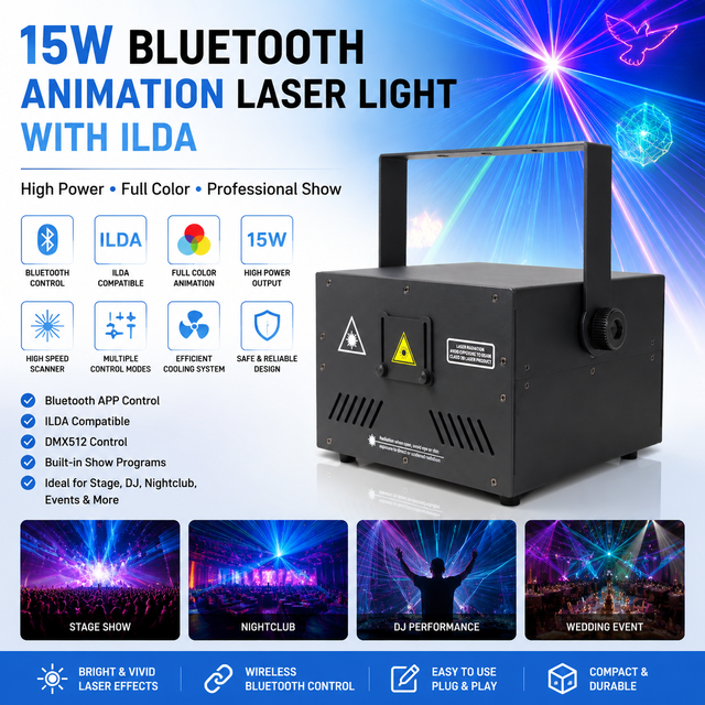 High Quality Professional Stage Light 15W DMX512 RGB Color Animation Laser Light ILDA High CRI 90 Aluminum Alloy for DJ Events